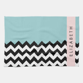 Svart och vit Zigzag, Chevron, Blue, Ditt namn Kökshandduk