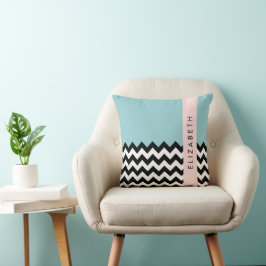 Svart och vit Zigzag, Chevron, Blue, Ditt namn Kudde