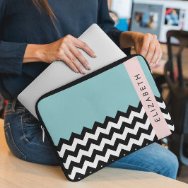 Svart och vit Zigzag, Chevron, Blue, Ditt namn Laptop Fodral