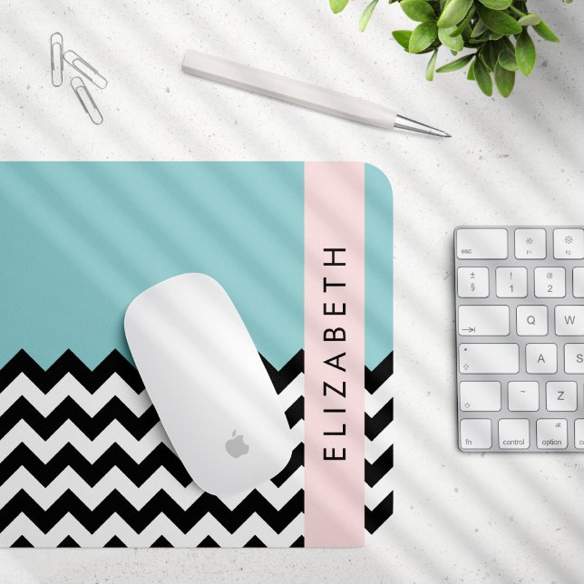 Svart och vit Zigzag, Chevron, Blue, Ditt namn Musmatta (Skapare uppladdad)