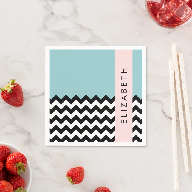 Svart och vit Zigzag, Chevron, Blue, Ditt namn Pappersservett (Insitu)