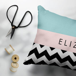 Svart och vit Zigzag, Chevron, Blue, Ditt namn Prydnadskudde