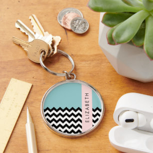 Svart och vit Zigzag, Chevron, Blue, Ditt namn Rund Silverfärgad Nyckelring