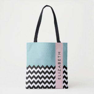 Svart och vit Zigzag, Chevron, Blue, Ditt namn Tygkasse