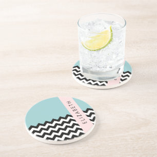Svart och vit Zigzag, Chevron, Blue, Ditt namn Underlägg