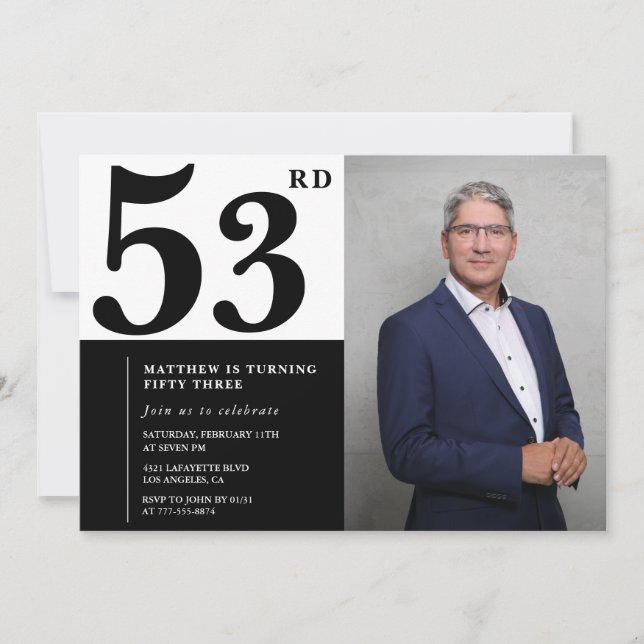 Svart och vita 53-års födelsedagsinbjudningar Foto Inbjudningar (Framsida)