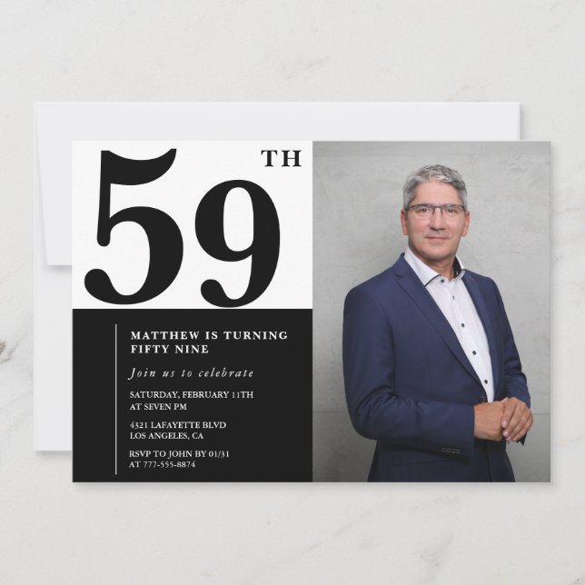 Svart och vita 59-års födelsedagsinbjudningar med  inbjudningar (Framsida)