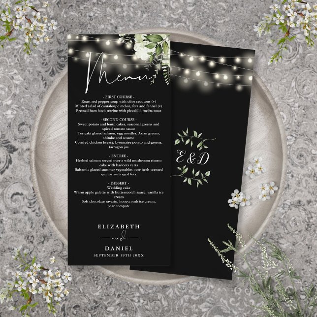 Svart Och Vita Blommiga Ljus Bröllopsmiddag Meny (Black And White Floral Lights Wedding Dinner Menu)