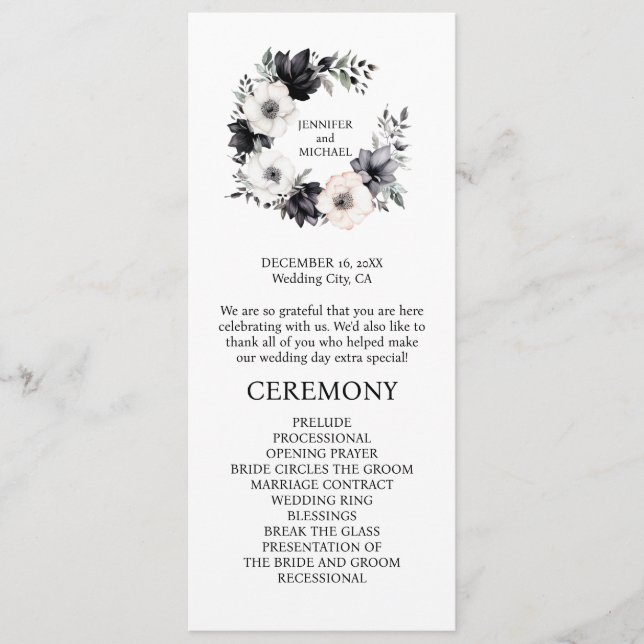 Svart och vita blommor Bröllopsceremoni Program (Framsida)
