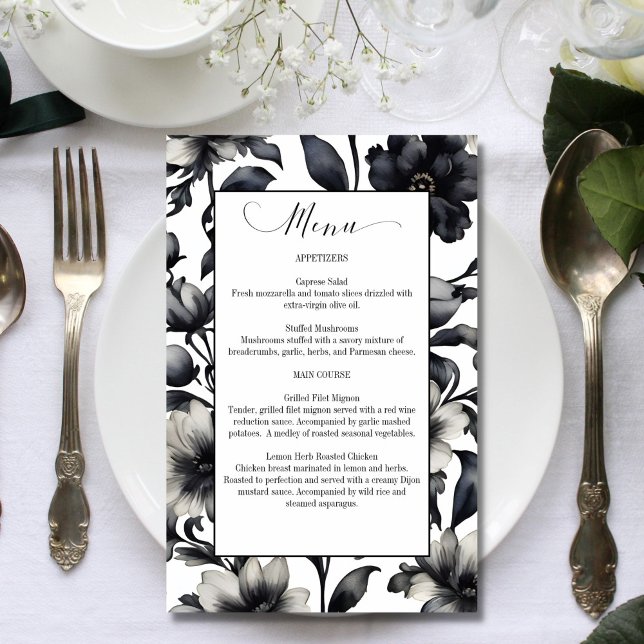 Svart och vita blommor elegant bröllop-menyn (Black and white flowers elegant wedding menu car template)