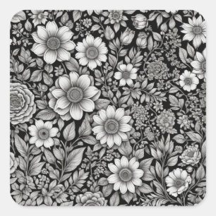 Svart och vita blommor och löv fyrkantigt klistermärke