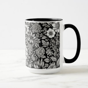 Svart och vita blommor och löv mugg