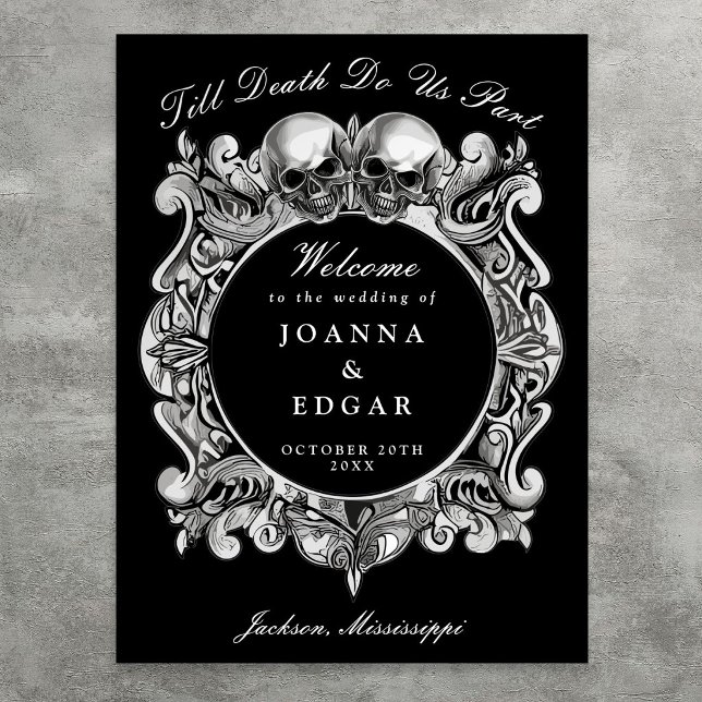 Svart och vita dödskallar gotiskt bröllak välkomst poster (Black And White Skulls Gothic Wedding Welcome Sign)