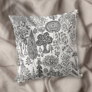 Svart och vita träd illustration Handritad konst Kudde