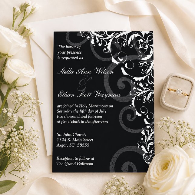 Svart och Vita Virvlar Bröllopsinbjudan Inbjudningar (Black and White Flourish Wedding Invitation)