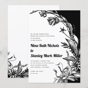 Svart- och vitblommor, typografi, blommigt bröllop inbjudningar