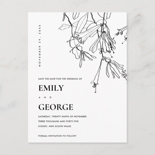 SVART OCH VITLINJE TECKNING BLOMMIGT SPARA DATUM MEDDELANDE VYKORT (Framsida)