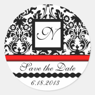 SVART OCH VITRT RÖD DAMASK MONOGRAM,Spara datum Runt Klistermärke