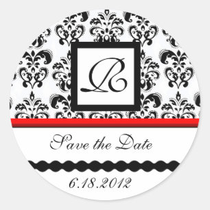 SVART OCH VITRT RÖD DAMASK MONOGRAM,Spara datum Runt Klistermärke