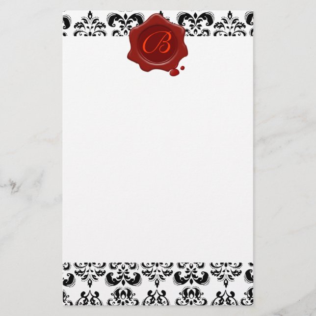 SVART OCH VITSKADA, RÖTT VAX-SÄALMONOGRAM BREVPAPPER (Framsida)