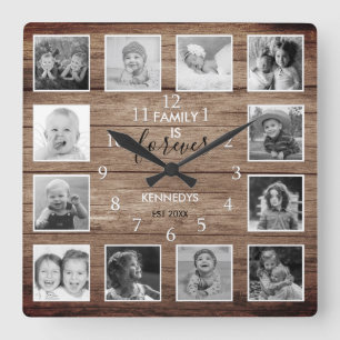 Svart och vitt 12-foto-kollage Family Namn-trä Fyrkantig Klocka