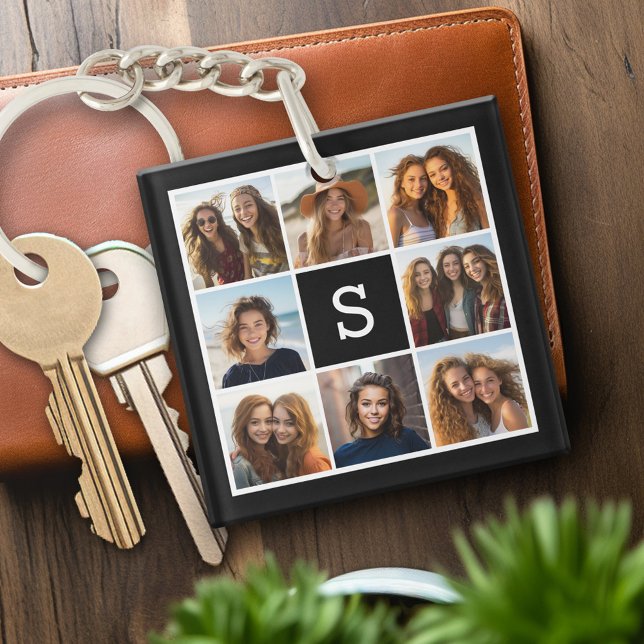 Svart och Vitt 8 Fotokollage Anpassad Monogram (Personalized keychain with photo collage and monogram)