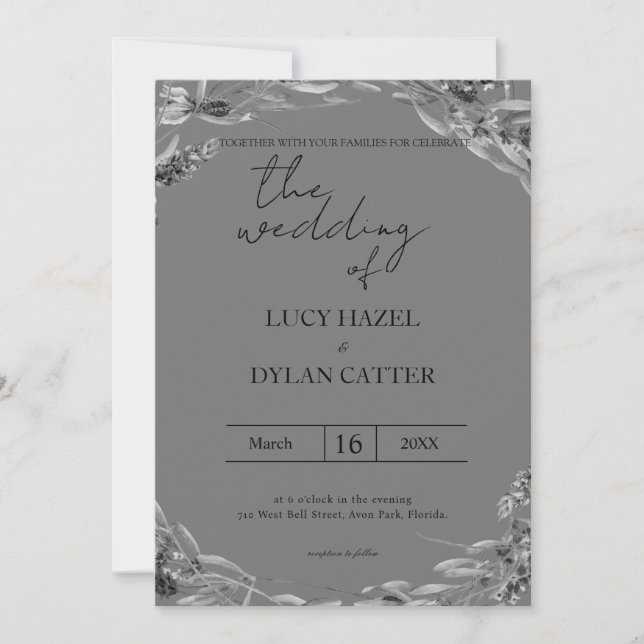 Svart och Vitt Akvarell Blommig Bröllopsinbjudan Inbjudningar (Framsida)