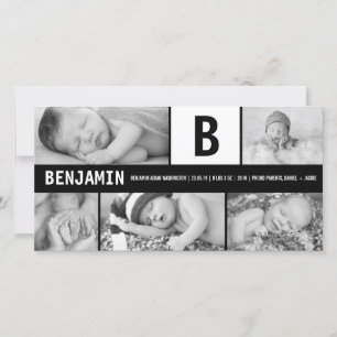 Svart Och Vitt Baby Monogram 5 Foto Modern Födelse Meddelande