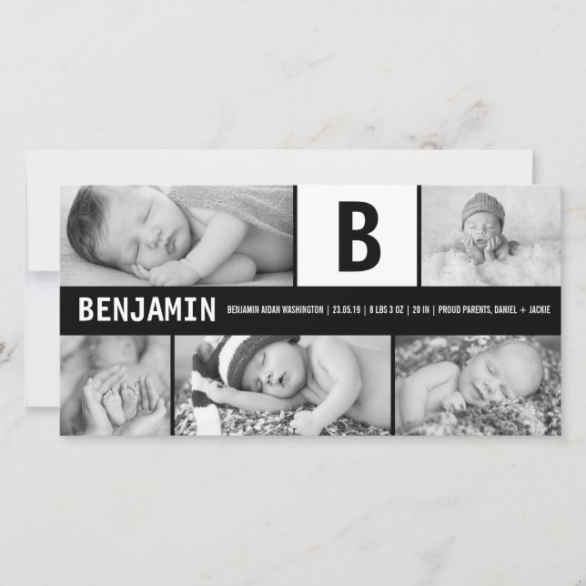 Svart Och Vitt Baby Monogram 5 Foto Modern Födelse Meddelande (Framsida)