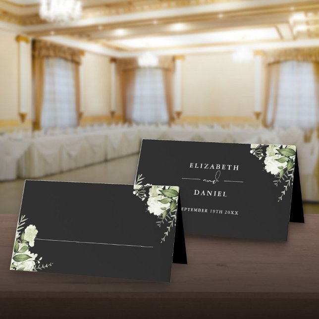 Svart Och Vitt Blommigt Grönt Bröllop Vikta Placeringskort (Black And White Floral Greenery Wedding Folded Place Card)