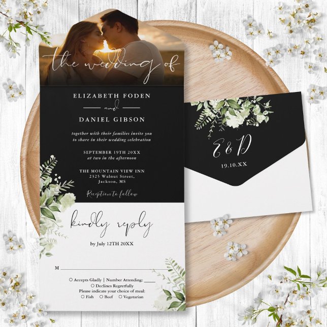 Svart Och Vitt Blommigt Grönt Bröllopsfoto (Black And White Floral Greenery Wedding Photo All In One Invitation)