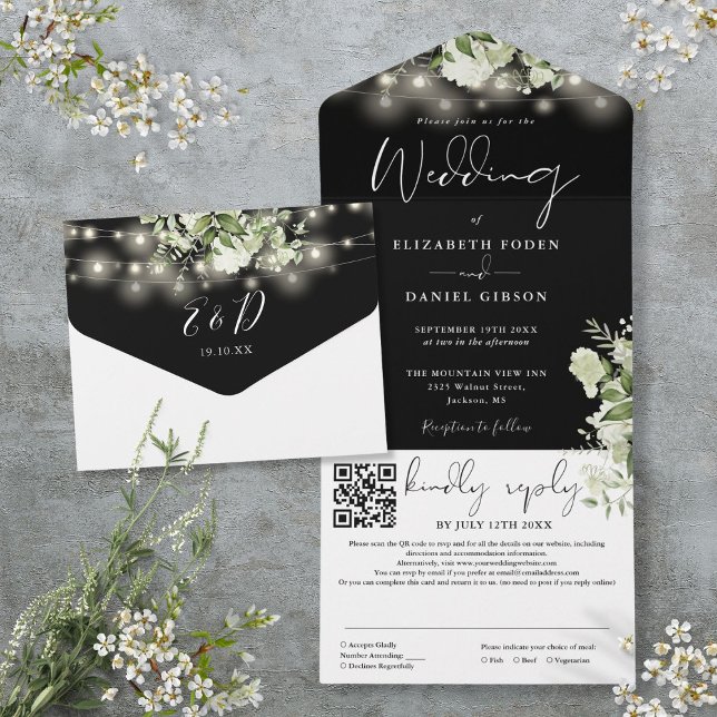 Svart Och Vitt Blommigt Ljus QR-kod Bröllop (Black And White Floral Lights QR Code Wedding All In One Invitation)