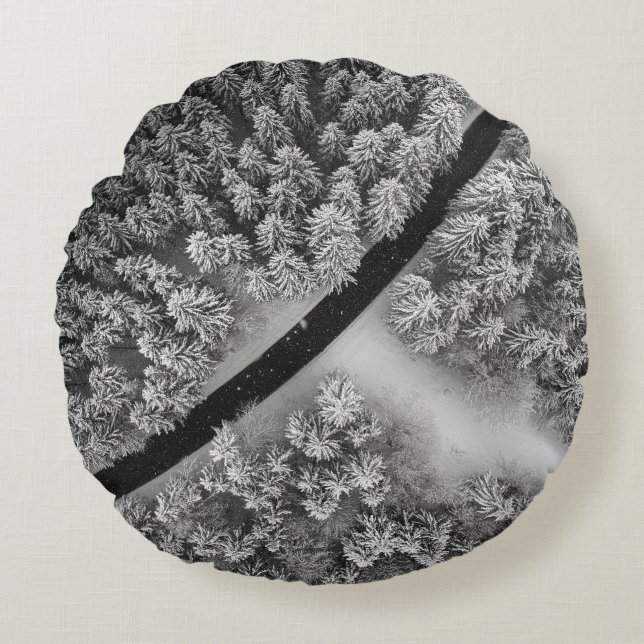 SVART OCH VITT BLOMMIGT MATTA RUND KUDDE (Framsidan)