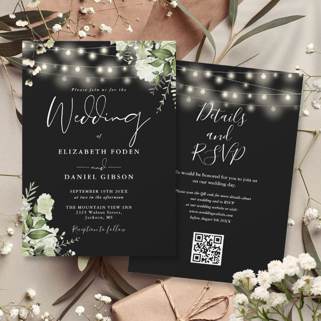 Svart Och Vitt Blommigt QR-kod Bröllop Inbjudningar (Black And White Lights Floral QR Code Wedding Invitation)
