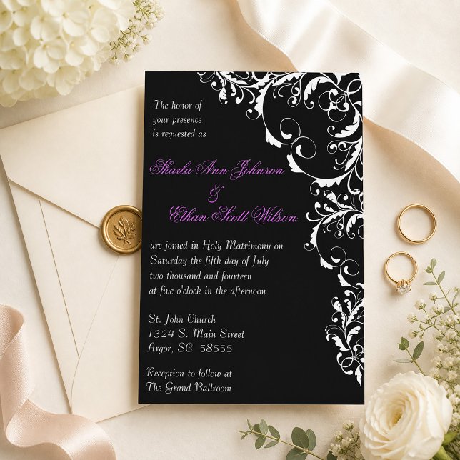 Svart och Vitt Blomstrande Bröllopsinbjudan Inbjudningar (Black and White Flourish Wedding Invitation)