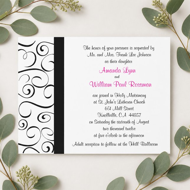 Svart och Vitt Blomstrande Bröllopsinbjudan Inbjudningar (Black and White Flourish Wedding Invitation)