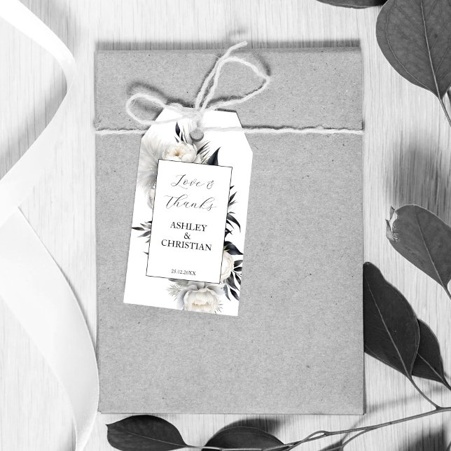 Svart och vitt boho-bröllop tack presentetikett (Black and white boho peony flowers wedding favor thank you gift tags elegant favor tags wedding favo)