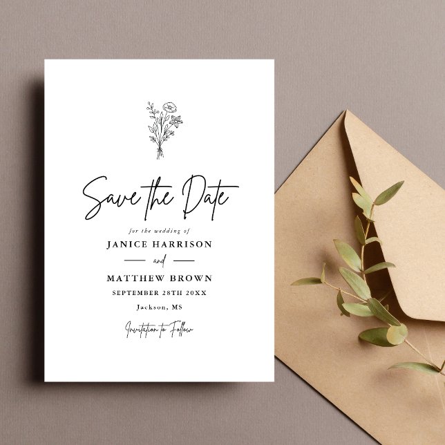 Svart och Vitt Boho Minimalistiska Botaniska Bröll Spara Datumet (Black white botanical save the date adds timeless charm and sets a refined tone for your wedding)