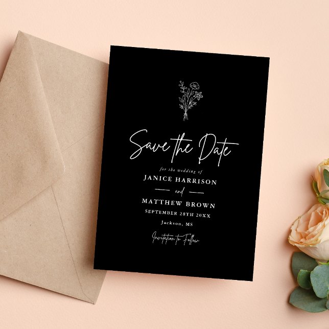Svart och Vitt Boho Minimalistiska Botaniska Bröll Spara Datumet (Black and white boho botanical save the date adds timeless style while announcing your special day.)
