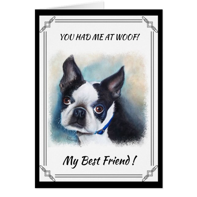 SVART OCH VITT BOSTON TERRIER HÄLSNINGSKORT (Framsidan)