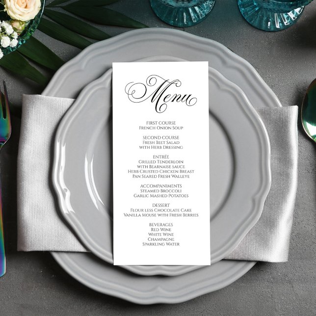 Svart och vitt Bröllop-calligrafi, innermeny Meny (Elegant calligraphy script wedding reception menu card. )