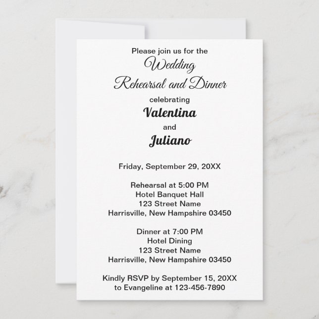 Svart och Vitt Bröllopsrepetition och Middag Inbjudningar (Framsida)
