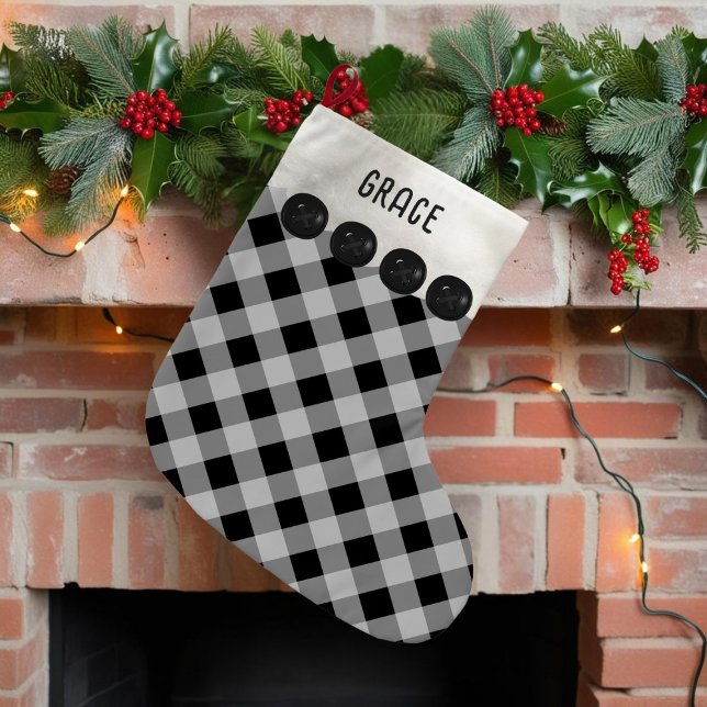 Svart och vitt Buffalo Play-julklapp Liten Julstrumpa (Add your name to this black and white buffalo plaid Christmas stocking)