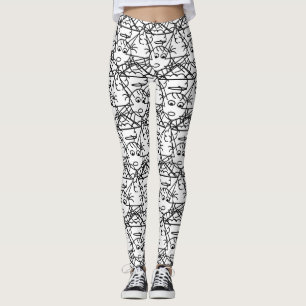Svart och vitt Crazy Stick Angel Scribble Mönster Leggings
