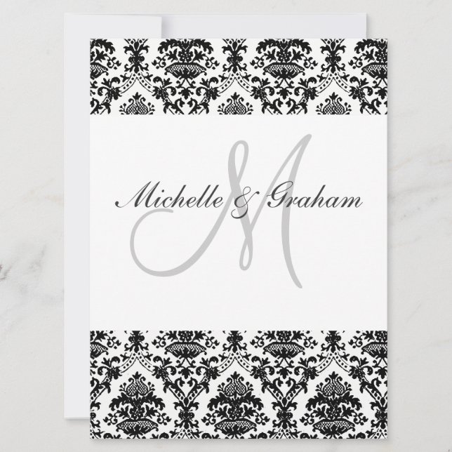 Svart och Vitt Damask Elegant Bröllop Inbjudningar (Framsida)