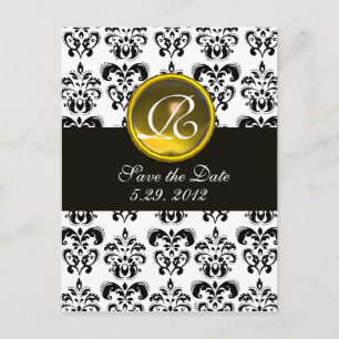 SVART OCH VITT DAMASK-GULT TOPAZ MONOGRAM MEDDELANDE VYKORT