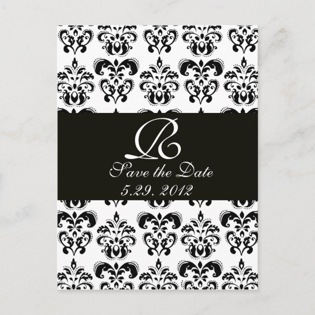 SVART OCH VITT DAMASK MONOGRAM MEDDELANDE VYKORT (Framsida)