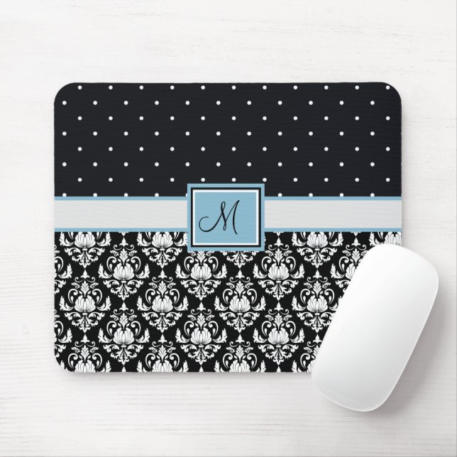 Svart och Vitt Damask och Prickar med Monogram Musmatta (Med mus)