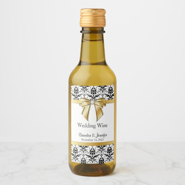 Svart och vitt damaskbröllop vinetikett (Framsida)