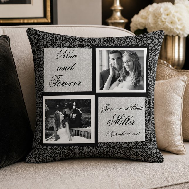 Svart och Vitt Damast Bröllopsfoto Kudde (Black and White Damask Wedding Photo Throw Pillow)